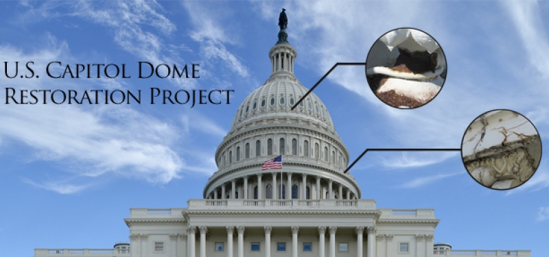 A graphic of the Capitol Dome Restoration Project that highlights each part of the dome that is being restored.