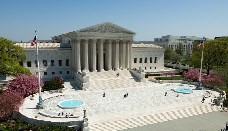 Outside view of The U.S. Supreme Court Building that was modeled after classical Roman temples.