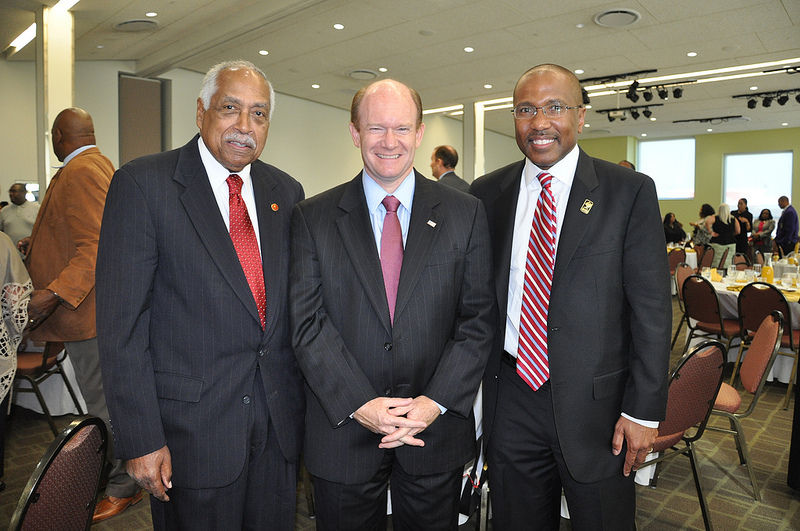 Senator Coons stands with former DSU President Dr. William B. DeLauder and current DSU President Dr. Harry L. Williams at DSU's 3rd Annual Prayer Breakfast on September 20, 2013