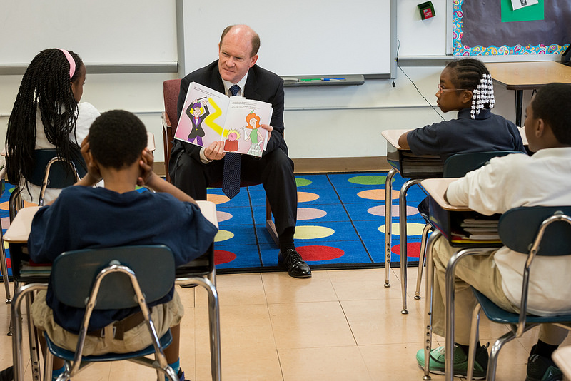 Senator Coons reads about financial literacy to students at Shortlidge Elementary School on April 11, 2014. Photo Credit: Evan Krape, University of Delaware.