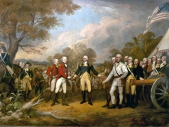 The event shown in this painting is the surrender of British General John Burgoyne at Saratoga, New York on October 17, 1777.