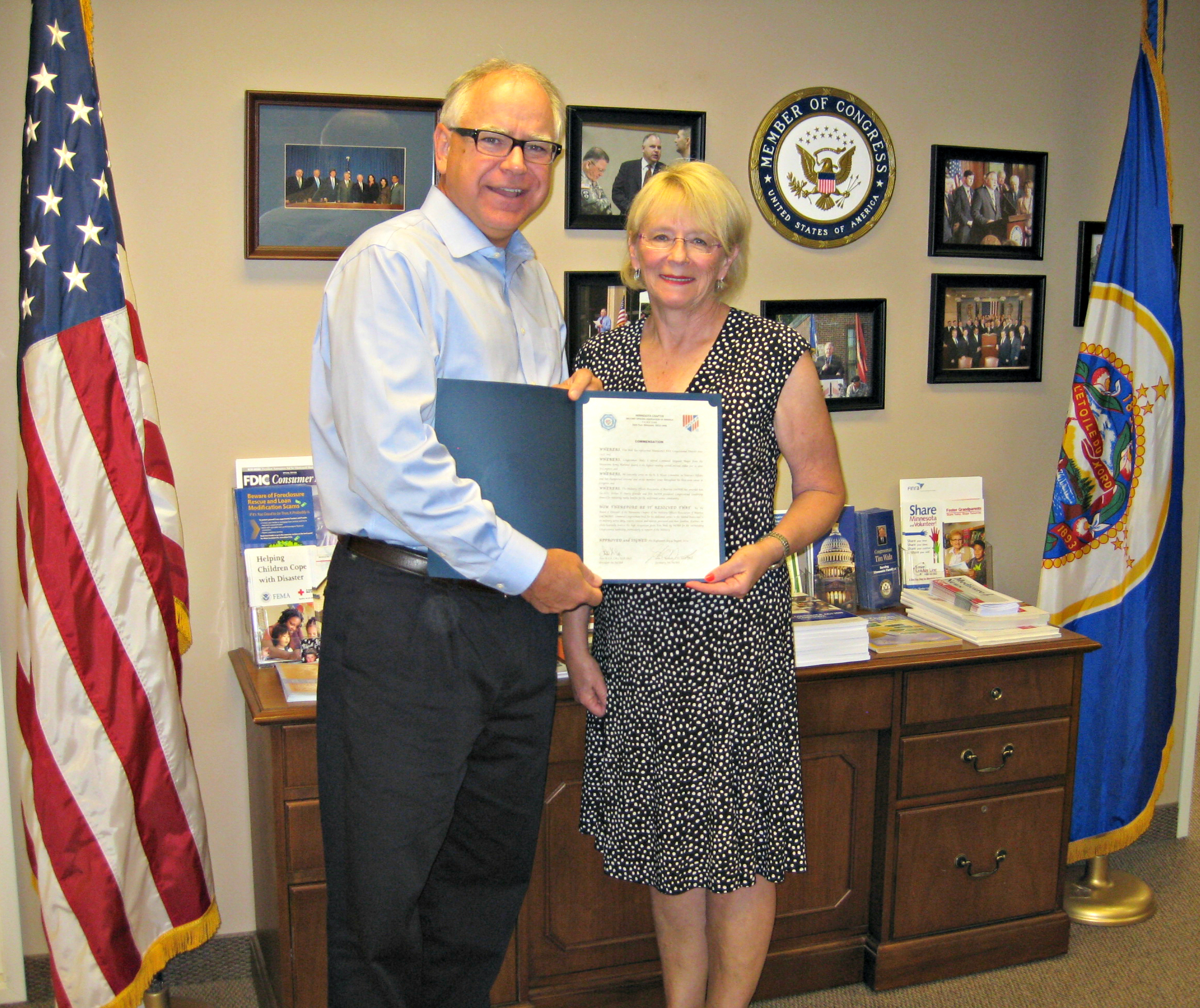Rep. Walz alongside President of the Minnesota Chapter of MOAA, Rita K. Cox, Chief Warrant Officer 2, United States Army, Retired