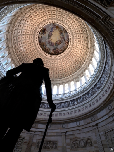 The U.S. Capitol Rotunda is a large, domed, circular room located 96 feet in diameter and 180 feet in height located in the center of the United States Capitol on the second floor.