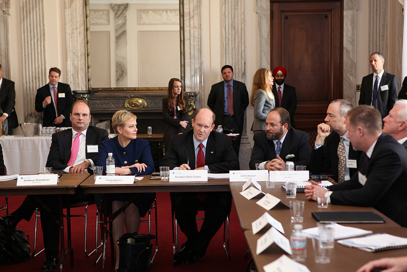 Senator Coons, along with Senators Thune, and Wyden met with TechNet CEOs and Senior Executives to discuss digital trade, IP protection, and corporate tax reform on April 1, 2014.