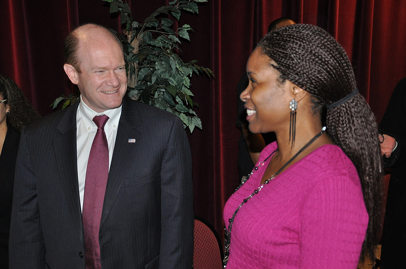Senator Coons attends the Delaware congressional delegation's first job fair of the year in Kent County on January 23, 2014.