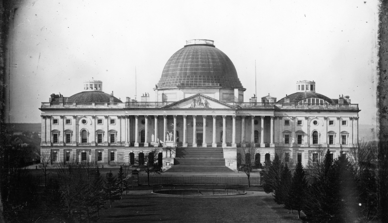 A black and white photograph of the United States Capitol in 1846.