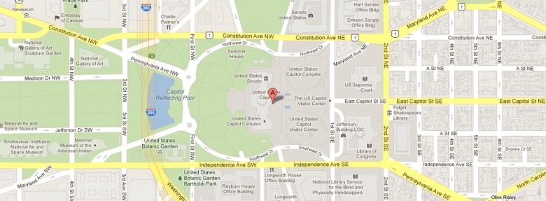Screenshot of Google Maps image of United States Capitol and surrounding areas.