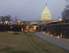A view of the Capitol Visitor Center lit up at night