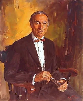 A painted portrait of George M. White, FAIA sitting in a chair