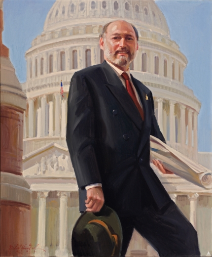 A painted portrait of Alan M. Hantman, FAIA standing in front of the Capitol