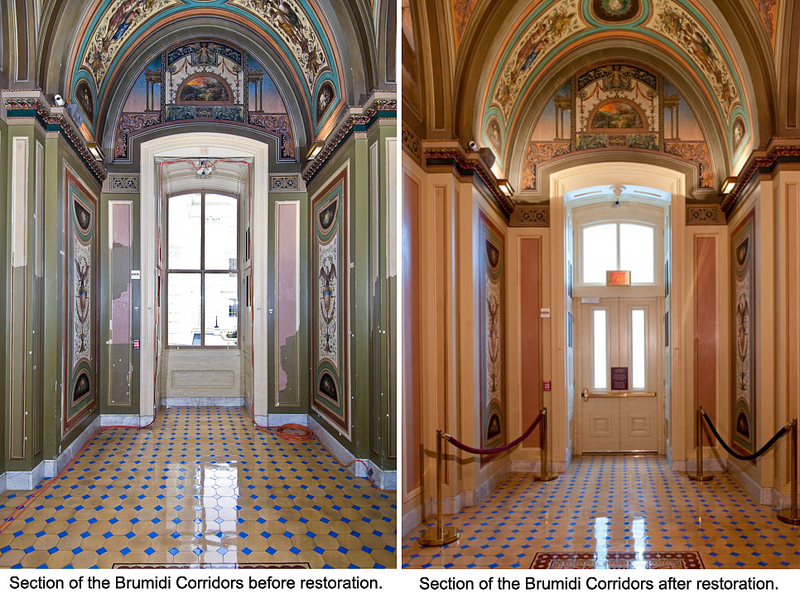 An image of the Brumidi Corridors Restoration showing before & after restoration 