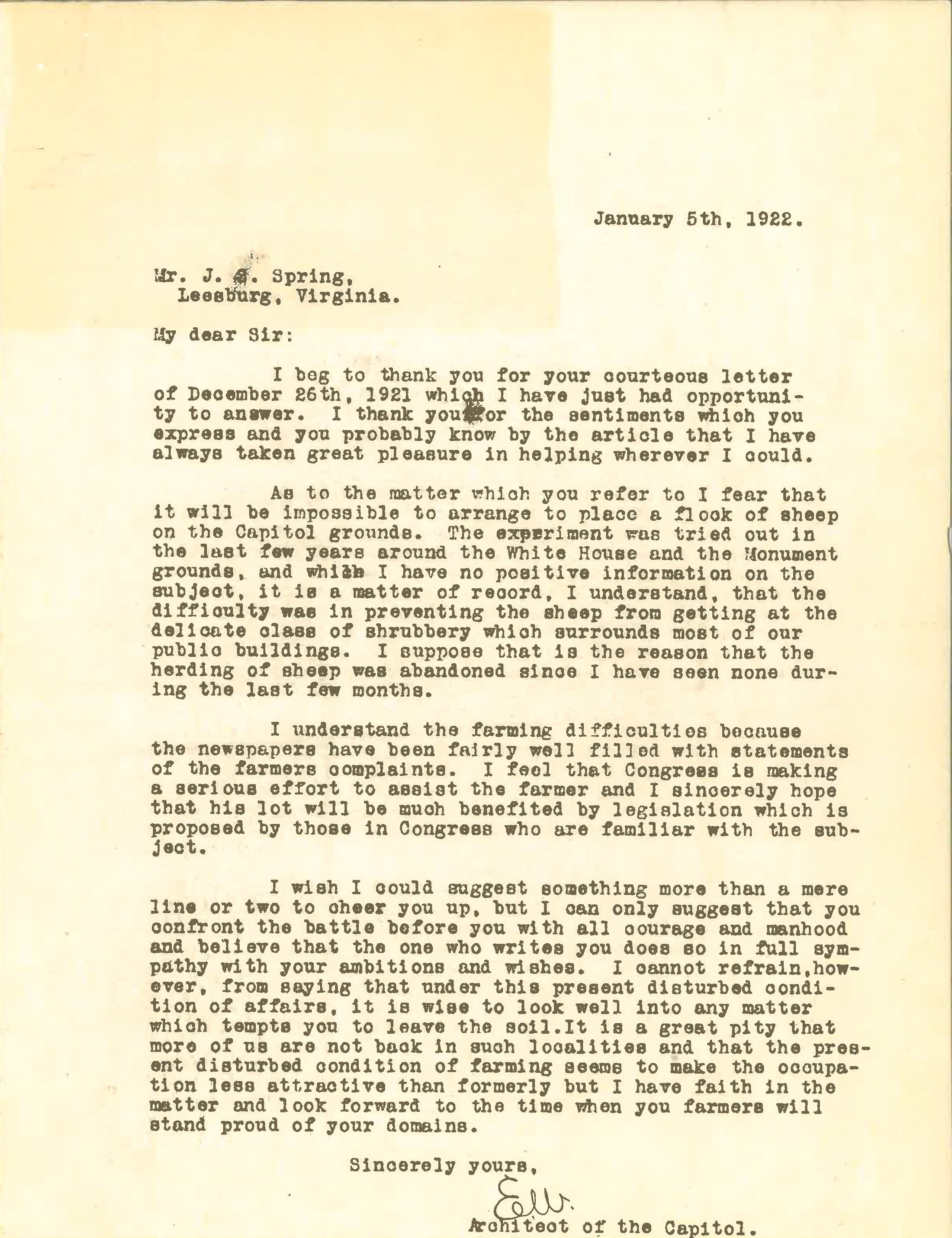 Elliot Woods response to J.S. Spring - January 5, 1922