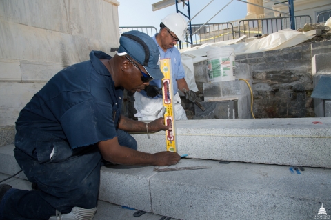 Masons work on Olmsted Terrace Steps 
