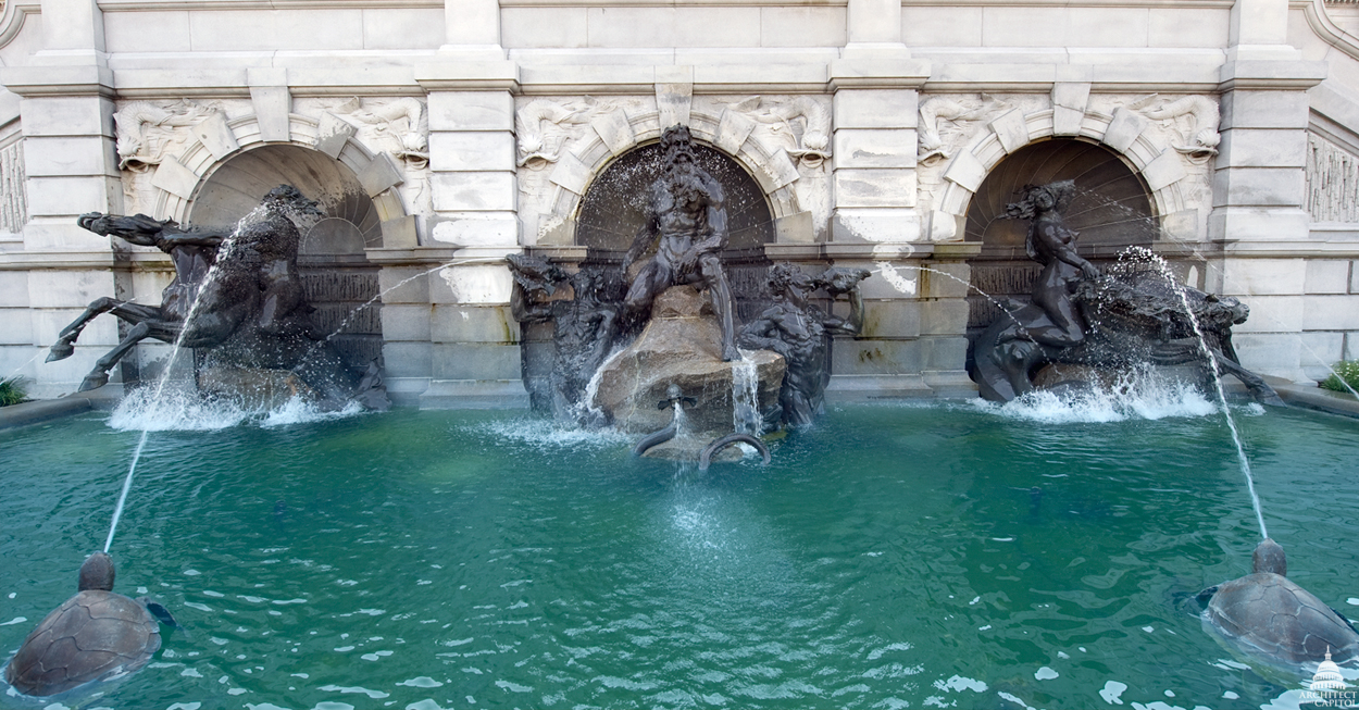 The Court of Neptune, the fountain at the front of the Thomas Jefferson Building of the Library of Congress, along First Street, S.E., adds a dramatic note to the building.