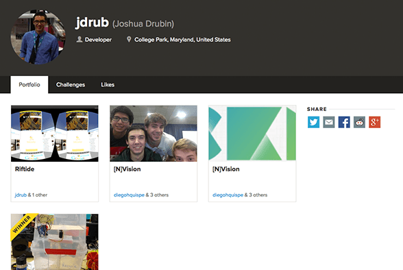 A screenshot of jdrub's ChallengePost portfolio