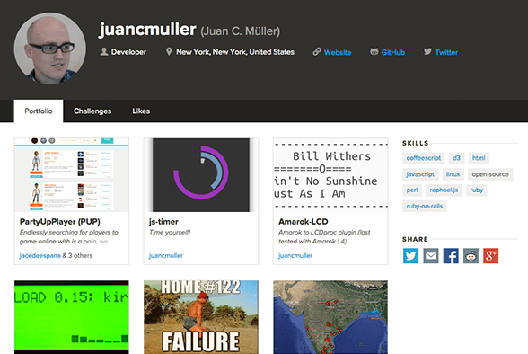 A screenshot of juancmuller's ChallengePost portfolio