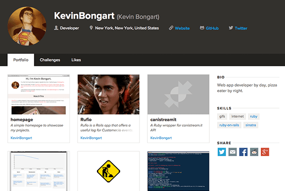 A screenshot of KevinBongart's ChallengePost portfolio