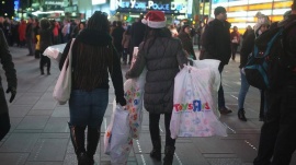Women make their way though Times Square with bags of purchases from Toys R Us in New York November 27, 2014. REUTERS/Carlo Allegri      