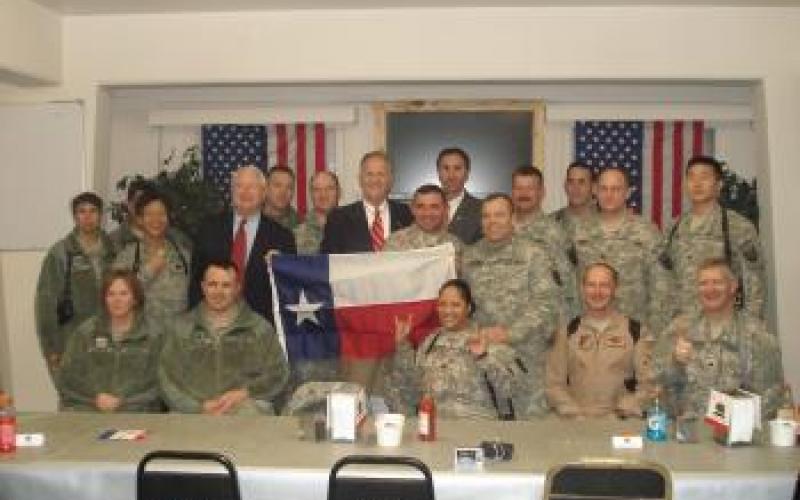 Congressman Olson on a trip to Afghanistan, meets with troops from Texas