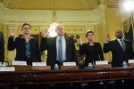 Witnesses are sworn in at the start of a House Veterans Affairs Committee hearing on alleged misuse of the VA relocation program, Nov. 2, 2015, on Capitol Hill. Left to right are Robert McKenrick of VA's Los Angeles regional office; Diana Rubens of the Philadelphia and Wilmington regional offices; Danny Pummill principal deputy under secretary for benefits of the Veterans Benefits Administration; Kimberly Graves of the VA's St. Paul regional office; Antione Waller of the VA's Baltimore regional office, and VA Deputy Inspector General Linda Halliday.<br>Joe Gromelski/Stars and Stripes