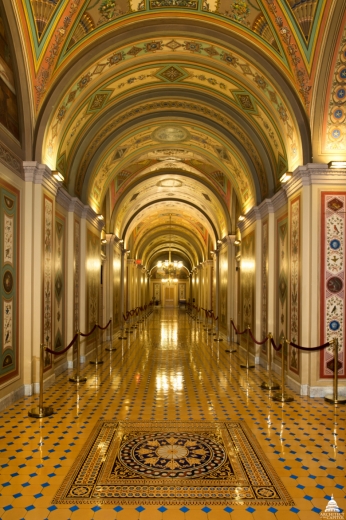 A view of The vaulted, ornately decorated corridors on the first floor of the Senate wing in the U.S. Capitol Building are called the Brumidi Corridors in honor of Constantino Brumidi, the Italian artist who designed the murals and the major elements.