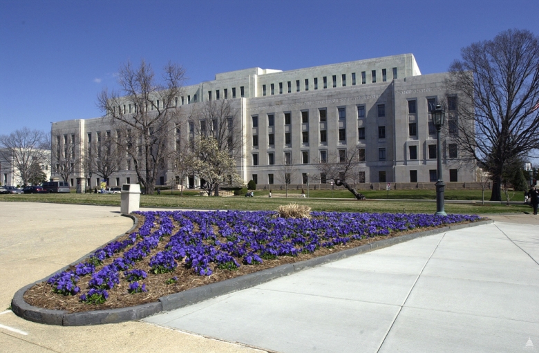 Outside image of the John Adams Building with purple flowers in front.