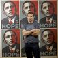 Los Angeles street artist Shepard Fairey poses for a picture with his Barack Obama Hope artwork in the Echo Park area of Los Angeles on Jan. 12, 2009. The Associated Press and Mr. Fairey announced Wednesday, Jan. 12, 2011, that they have agreed to settle their copyright infringement claims against each other and will work together again in projects that use the news agency&#39;s pictures. (AP Photo/Damian Dovarganes, File)