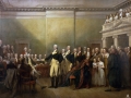 Oil painting of a historical scene including several Presidents
