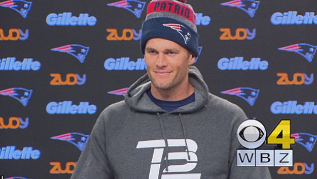 Patriots quarterback Tom Brady talks with reporters at Gillette Stadium. (Screen grab from WBZ-TV)