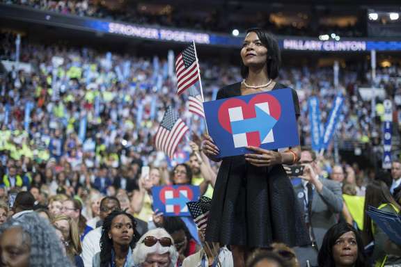 UNITED STATES - JULY 28: Sharron Cooks, a transgender woman delegate from Pennsylvania, looks on as Democratic Presidential nominee Hillary Clinton, speaks at the Wells Fargo Center in Philadelphia, Pa., on the final night of the Democratic National Convention, July 28, 2016. (Photo By Tom Williams/CQ Roll Call)
