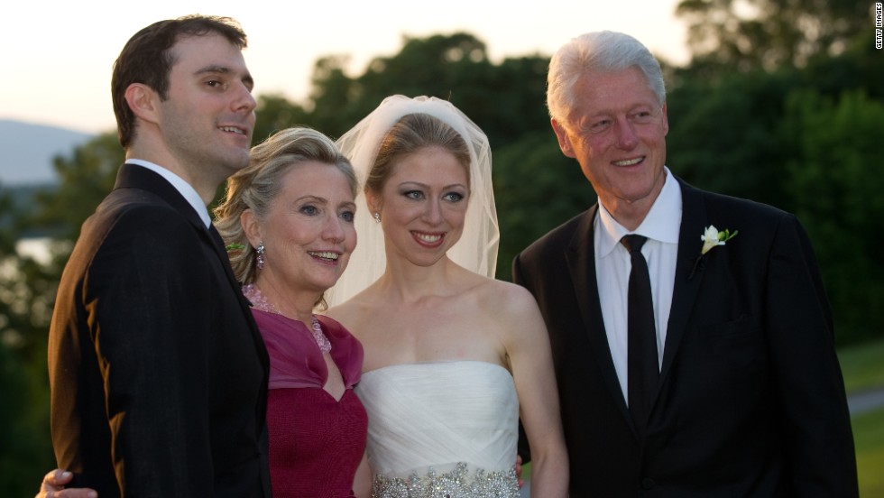 The Clintons pose on the day of Chelsea&#39;s wedding to Marc Mezvinsky in July 2010.