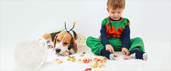 child and dog with Halloween candy