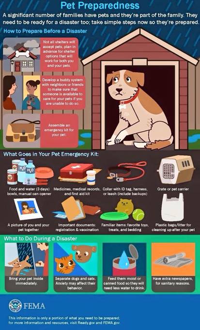 this infographic looks at ways families can prepare their pets for disasters. This includes looking at pet-friendly shelter options, developing a buddy system with neighbors or friends to care for pets, and building an emergency kit for pets. In addition, the infographic includes key items which should go in a pet emergency kit. It provides tips on what to do during a disaster to help keep pets calm and safe. Your pets need to be prepared too; consider sharing this infographic at local pet stores, vets offices, and with neighbors and friends.