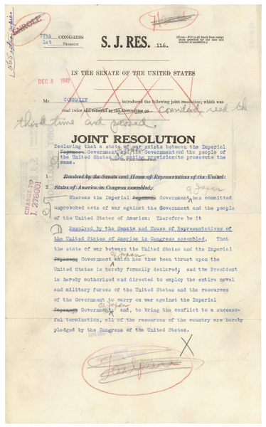On December 8, 1941, the day after the surprise attack on Pearl Harbor, President Franklin D. Roosevelt addressed a joint session of Congress and asked for a declaration of war against Japan. The Senate quickly drafted and unanimously passed this...