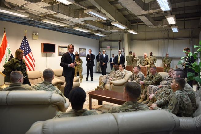 During his trip to Iraq, Defense Secretary Ash Carter, center, and his wife, Stephanie, left, thank U.S. troops for their service to the nation, Dec. 11, 2016. DoD photo 