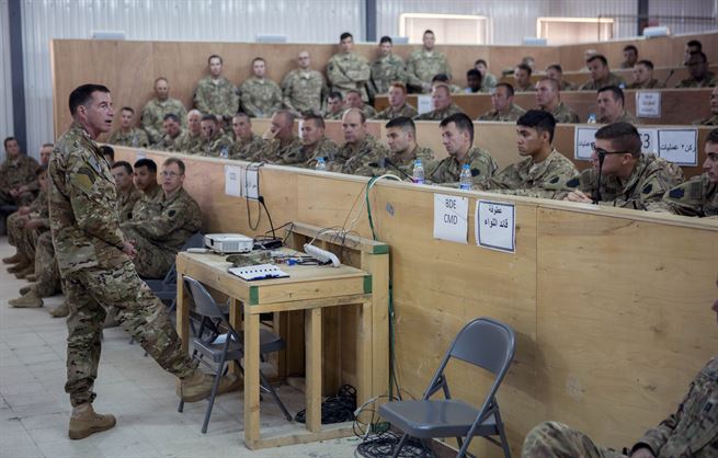 (December 13, 2016) -- Command Sgt. Maj. William F. Thetford, Senior Enlisted Leader, U.S. Central Command hosts a &quot;town hall&quot; meeting with soldiers deployed to the CENTCOM Area of Responsibility. Thetford visited the AOR to gain a better understanding of the CENTCOM mission and to thank troops for their dedication and service during the holiday season. (U.S. Central Command photo by Marine Sgt. Jordan Belser)
