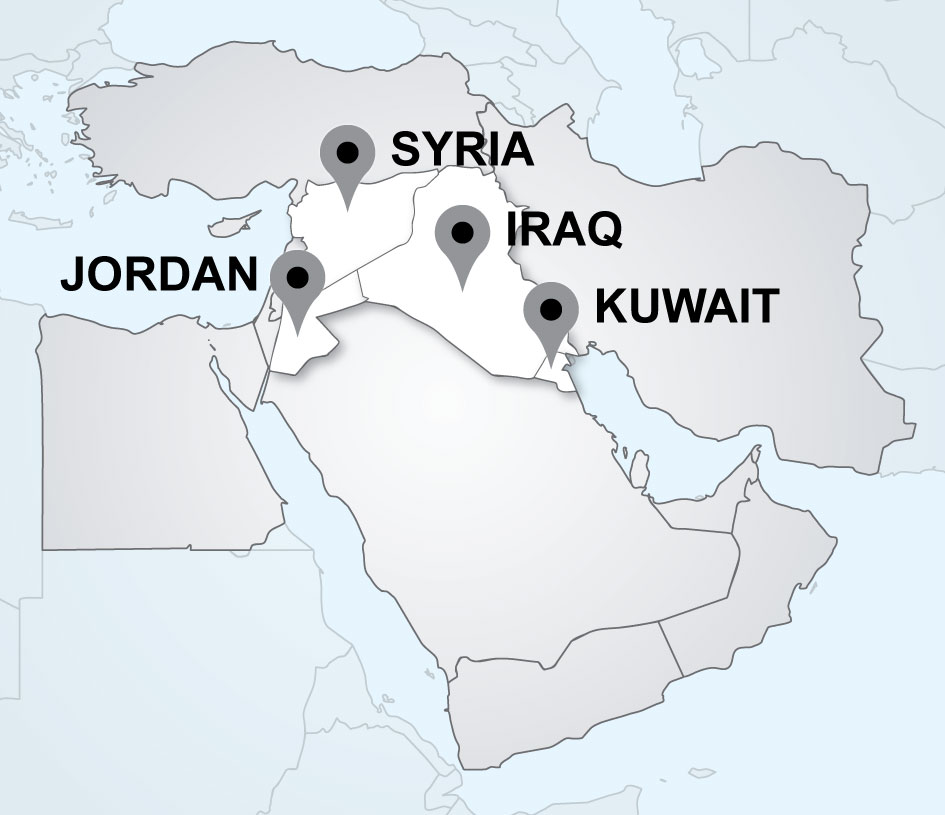 Travel map with pins in Jordan, Syria, Iraq and Kuwait.
