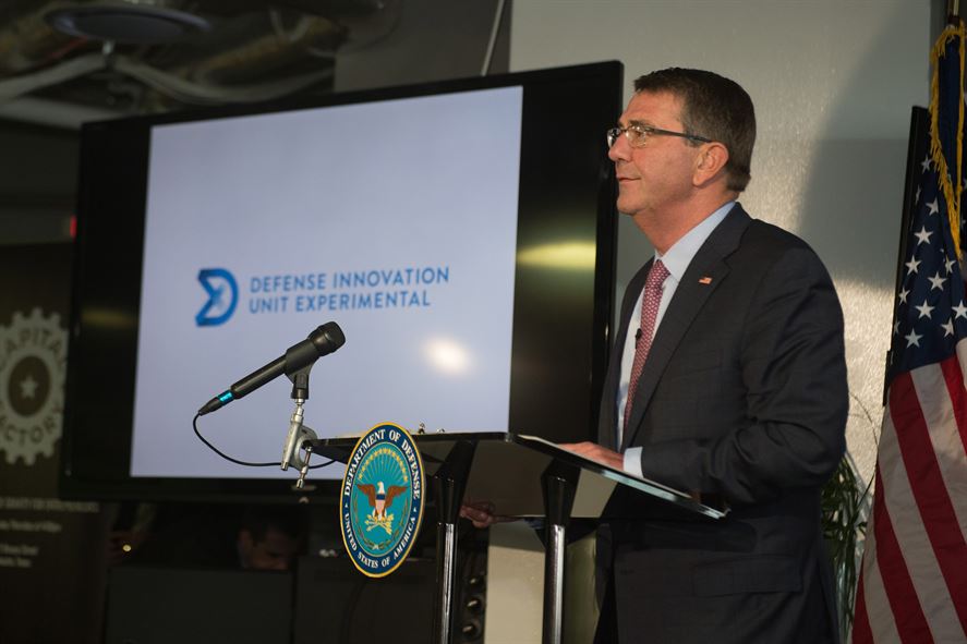 Defense Secretary Ash Carter speaks with innovation leaders during a visit to Capital Factory.