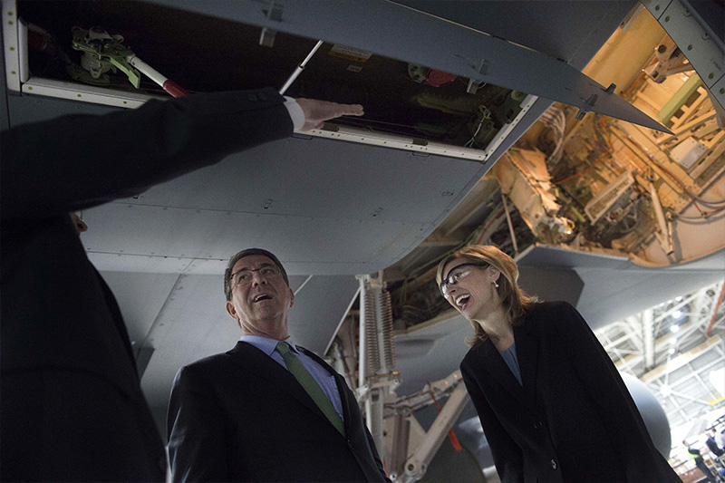 Defense Secretary Ash Carter, center, tours a Boeing KC-46 aircraft