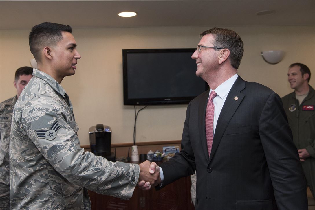 Defense Secretary Ash Carter meets with troops after arriving at Yokota Air Base, Japan.