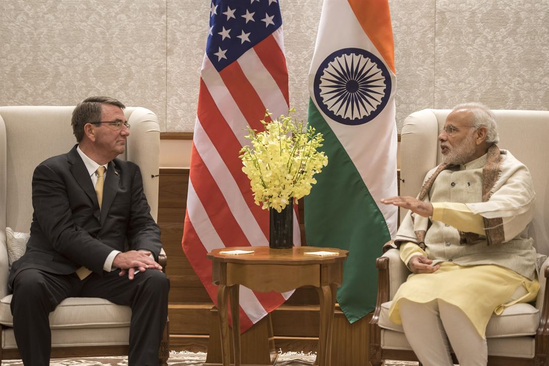 Defense Secretary Ash Carter meets with Indian Prime Minister Narendra Modi in New Delhi.
