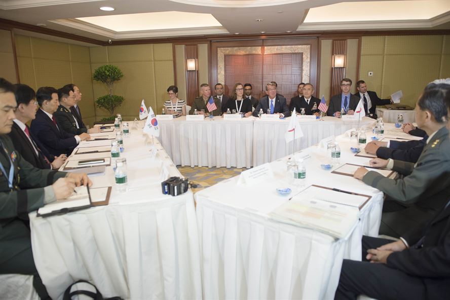 Defense Secretary Ash Carter holds a trilateral meeting with Japanese Defense Minister Gen Nakatani and Republic of Korea Defense Minister Han Min-koo in Singapore.