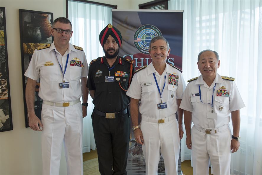 From left, Australian Vice Adm. Ray Griggs, Australia’s vice chief of the defense force; Indian Lt. Gen. Narinder Pal Singh Hira, India’s deputy chief of army staff; U.S. Navy Adm. Harry B. Harris, Jr., commander of U.S. Pacific Command; and Japanese Adm. Katsutoshi Kawano, Japan Self-Defense Forces chief of staff.