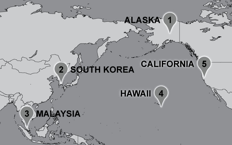 Map of Carter travel locations: Alaska, South Korea, Malaysia, Hawaii.