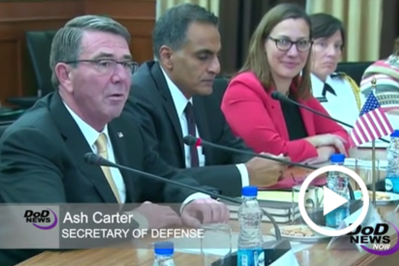 Screen grab of Defense Secretary Ash Carter speaking at a podium..