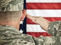 Military soldier saluting American flag