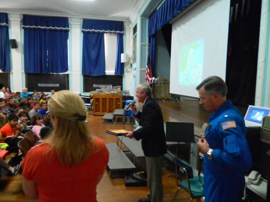 Congressman Rodney Frelinghuysen introduces CMD Carl Newman, a NOAA pilot, to students at Lincoln Elementary School in Nutley.