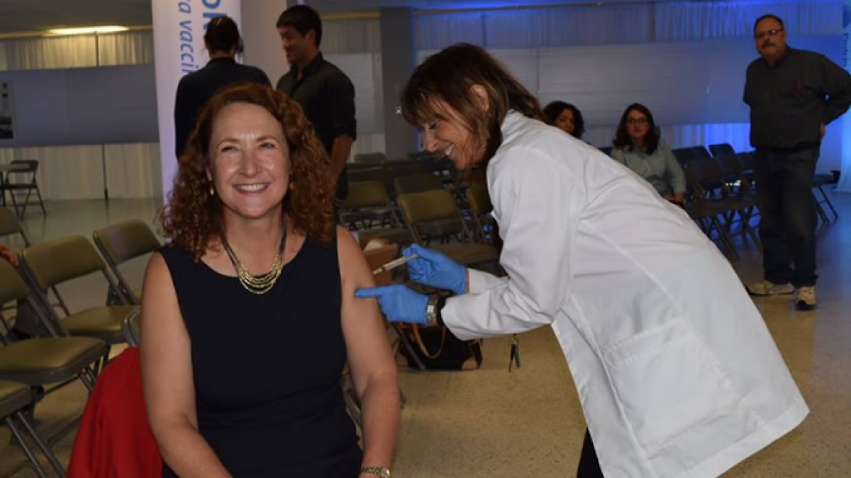 Elizabeth receives her annual flu shot at Meriden’s Protein Sciences Corporation.