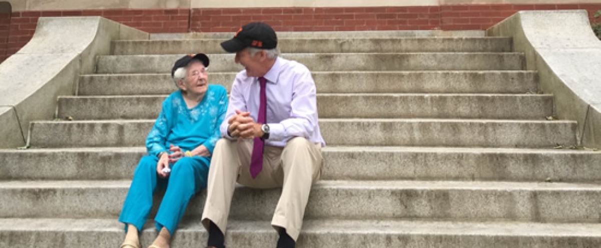 Traded stories with 105-year-old Peg Stearns on the steps of The Technical High School where she graduated in 1928 and I graduated in 1967.