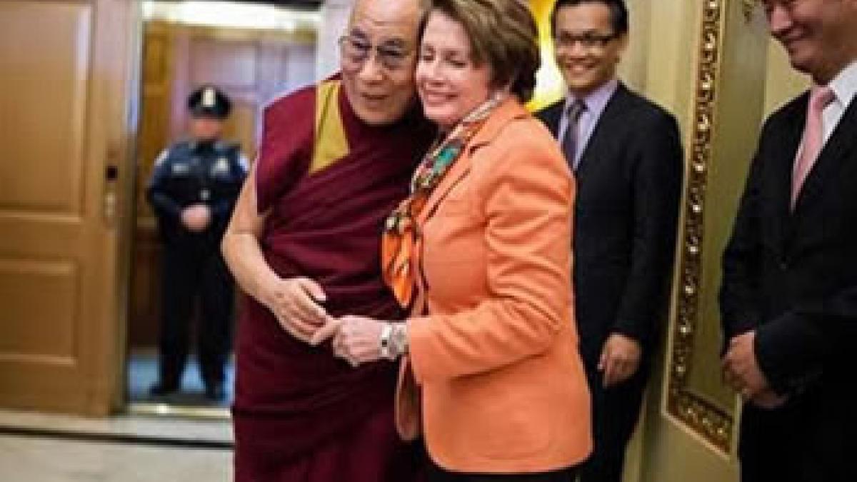Congresswoman Nancy Pelosi joins with His Holiness the Dalai Lama during his visit to Congress to celebrate his role as a compassionate religious leader, an astute diplomat, and an undaunted believer in the power of nonviolence for the Tibetan people